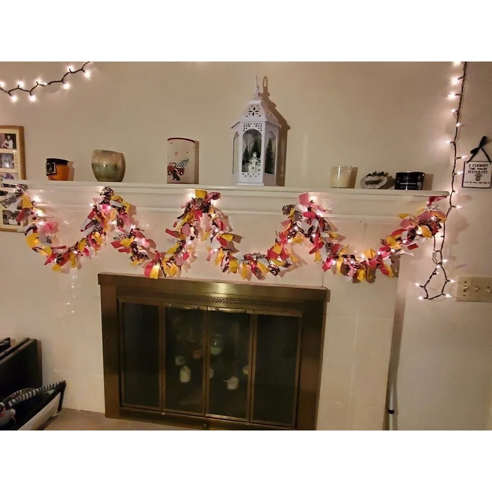 Americana Fabric Garland Rustic Rag Lighted Garland 12 ft Farmhouse 4th of July